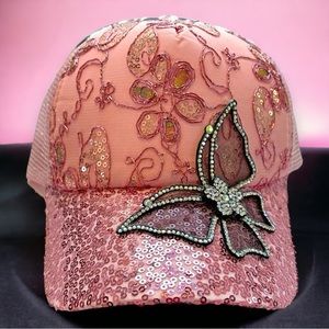 Pink Butterfly Beaded Retro Floral Sequined Rhinestone Y2K Statement Trucker Hat